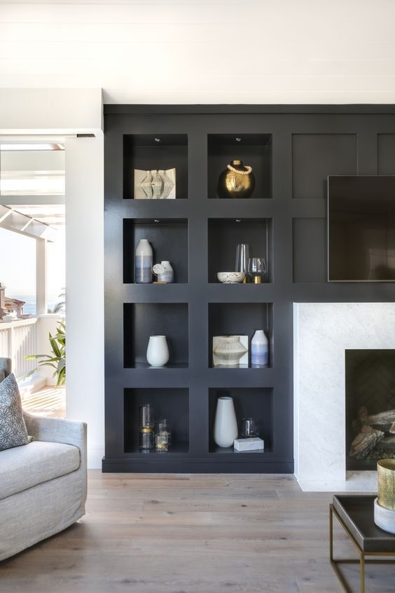 tara fust design north atlanta buckhead california casual slate navy accent wall millwork living room