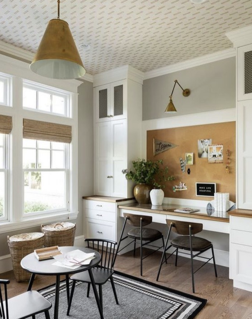 creative atlanta design home office wallpaper ceiling visual comfort light corkboard in office